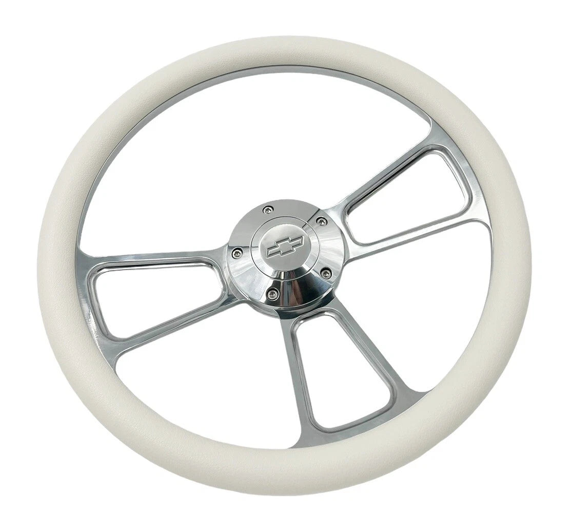 14 Inch Billet Steering Wheel with White Wrap and Chevy Bowtie for Vehicle (2010–2020)