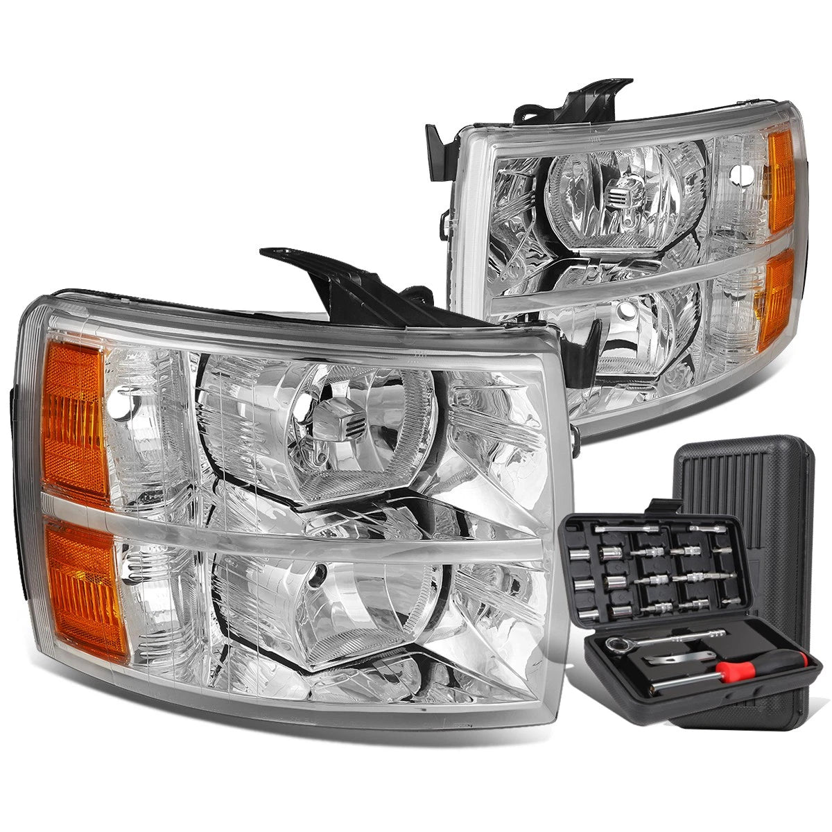 Pair Chrome Amber Signal Headlight Lamps for Chevy Silverado (2007–2014)