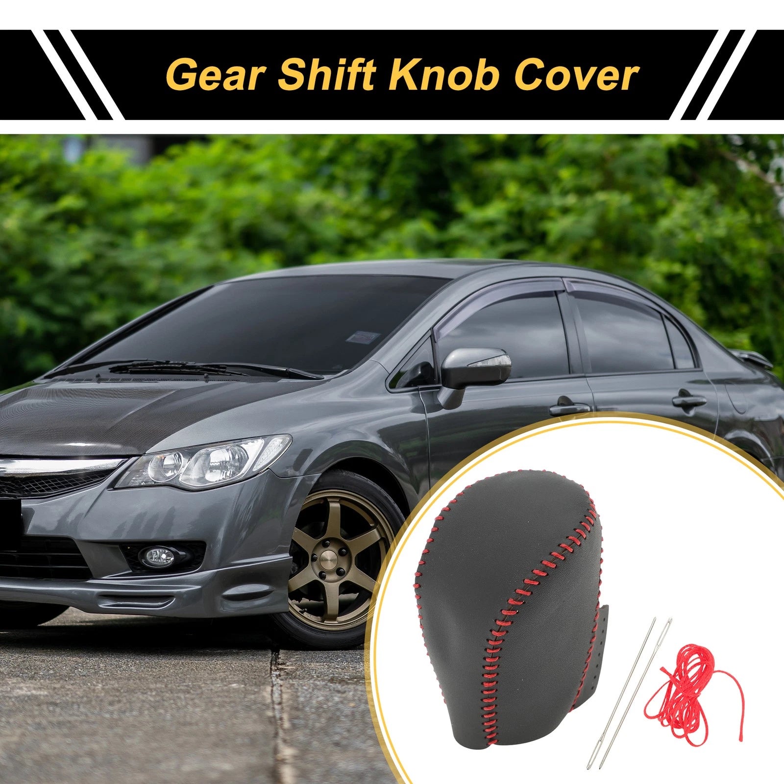 1 Pc Gear Shift Knob Cover for Honda Civic (2016–2021) Black Red Faux Leather