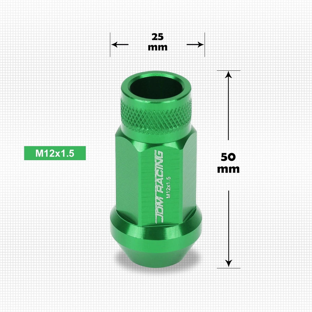 20Pc M12X1.5 Green JDM Open End Cone Seat Wheel Lug Nuts + Extension 25mmx50mm