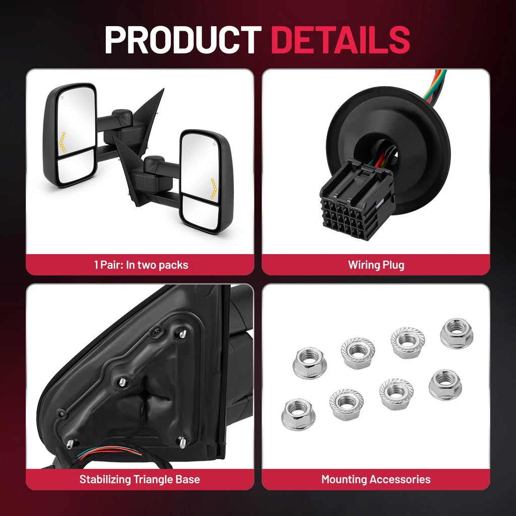 2X Black Heated Towing Mirrors for Chevy Silverado 1500 2500 3500 HD (2014–2018)