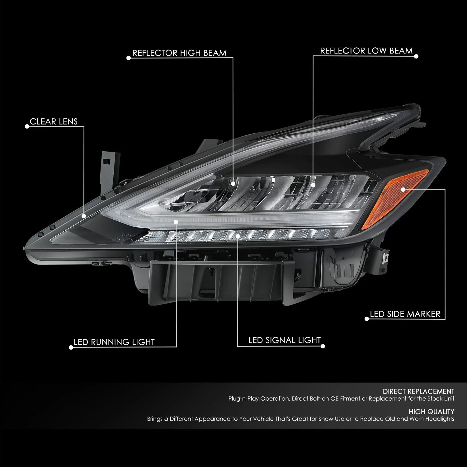 LED Headlight Assembly for Nissan Murano (2019–2021) - Left Side, Black Amber