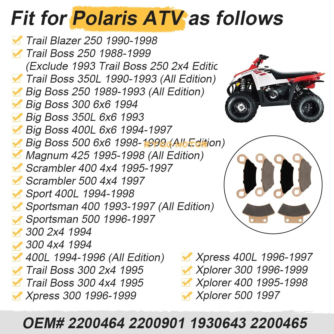 Sintered Front & Rear Brake Pads for Polaris Trail Blazer 250, Trail Boss 250, 350L