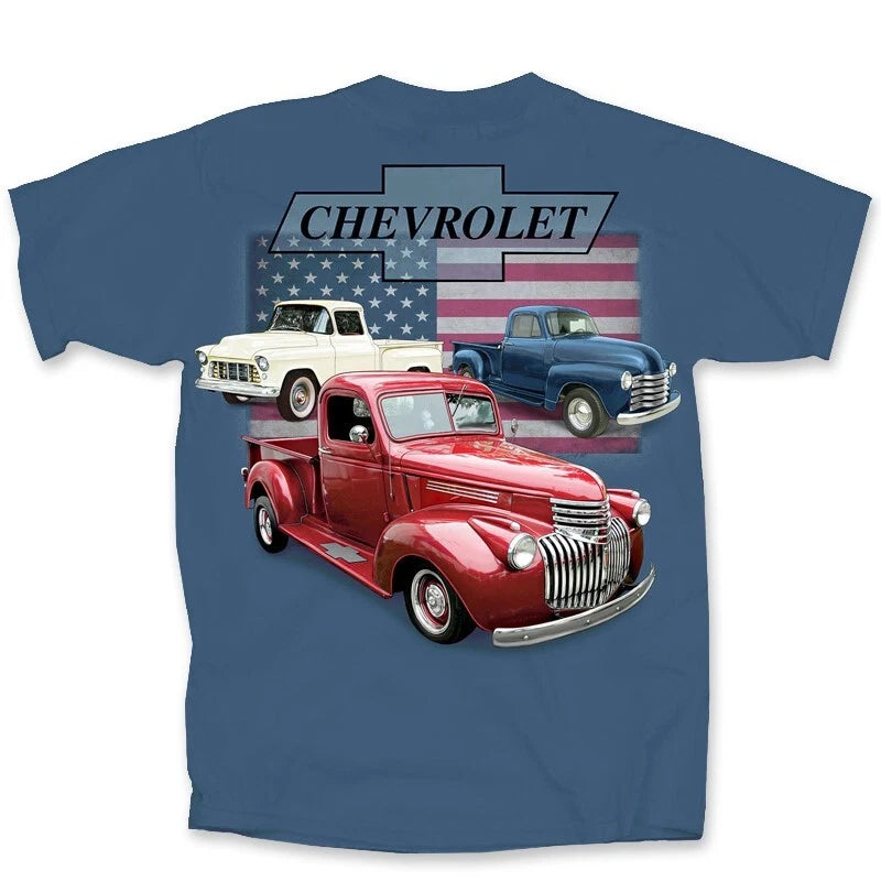 Indigo Blue Vintage Chevy Trucks Bowtie T-Shirt with American Flag Background