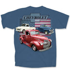 Indigo Blue Vintage Chevy Trucks Bowtie T-Shirt with American Flag Background
