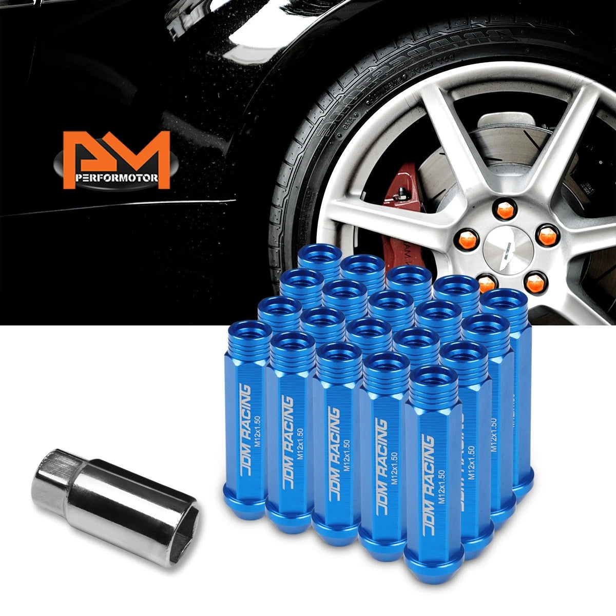 20Pc M12X1.5 Blue JDM Open End Conical Wheel Lug Nuts + Extension 25mmx90mm