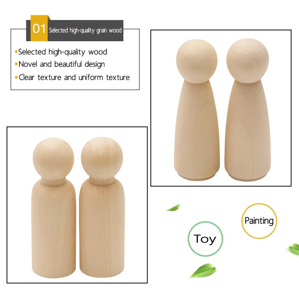 Set of 2 Wooden Peg Doll Figures for Kids DIY Painting 90mm