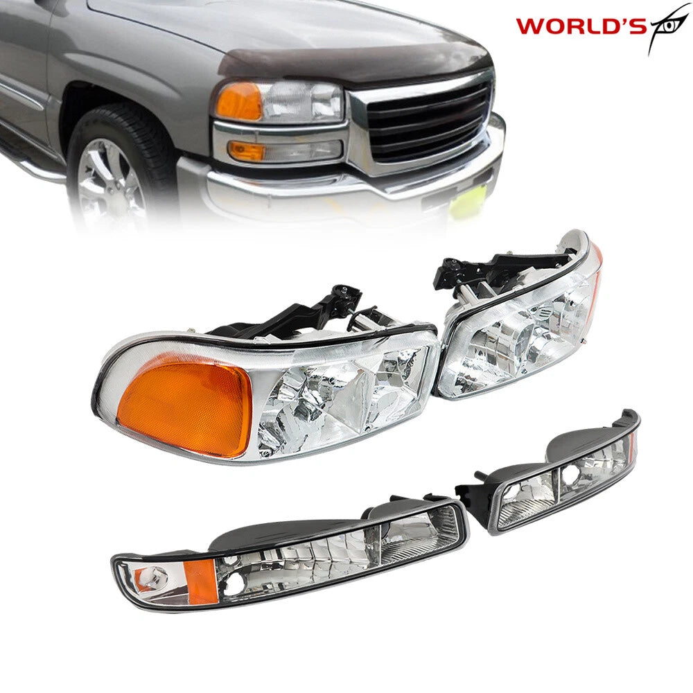 Headlight Set for GMC Sierra 1500, Yukon (1999–2007) Chrome Housing Clear