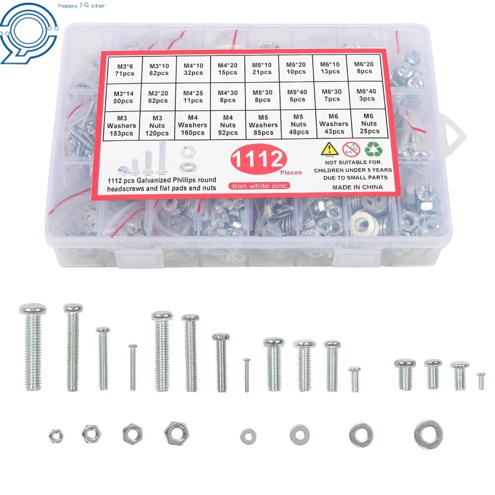 Set of 1112 Metric Machine Screws, Bolts, and Nuts Assortment Kit