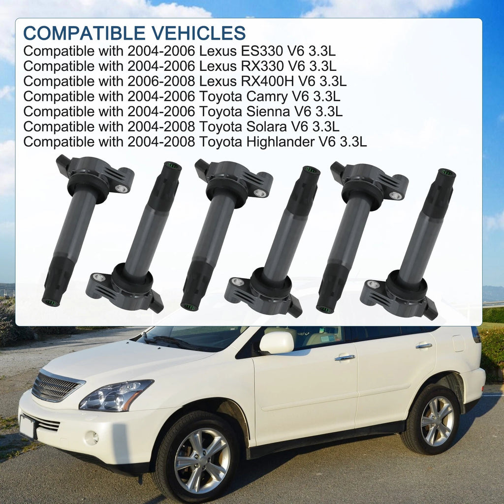 Set of 6 Ignition Coils for Toyota Sienna, Highlander, Lexus 3.3L V6 (2004–2010)