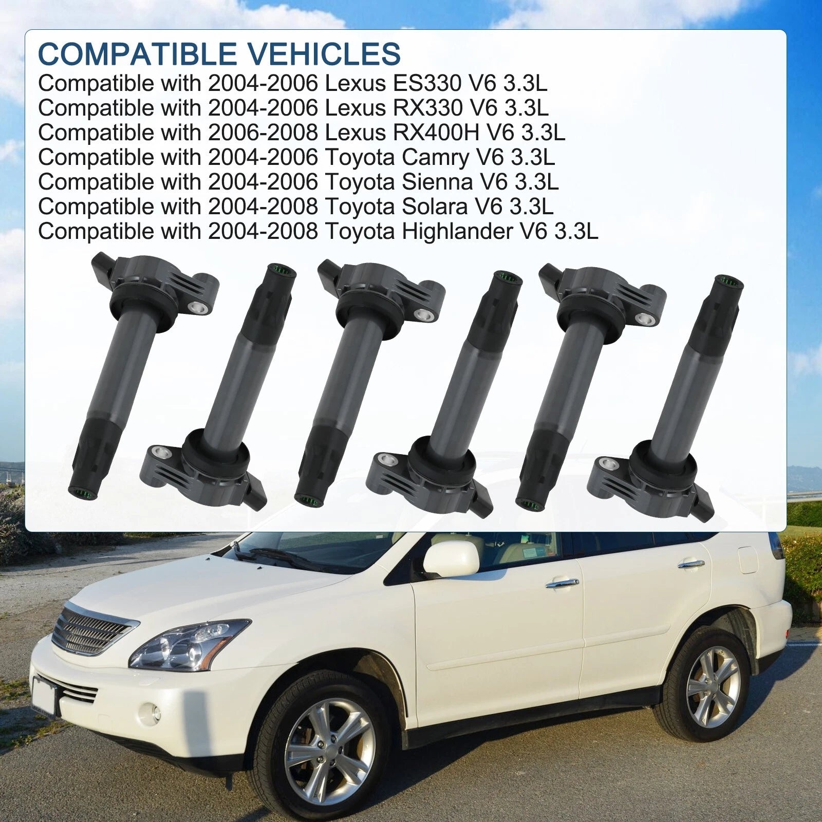 Set of 6 Ignition Coils for Toyota Sienna, Highlander, Lexus 3.3L V6 (2004–2010)