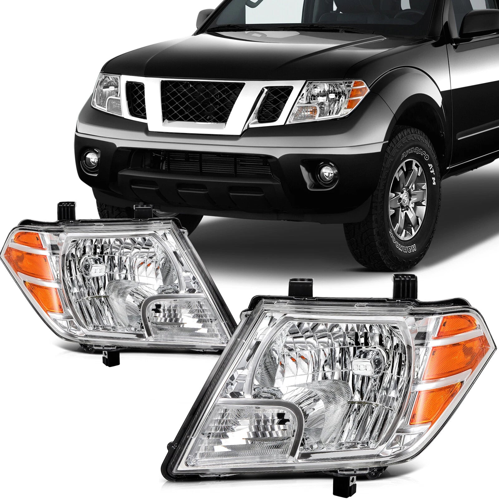 Headlight Assembly Pair for Nissan Frontier (2009–2019) Chrome Housing w/Amber