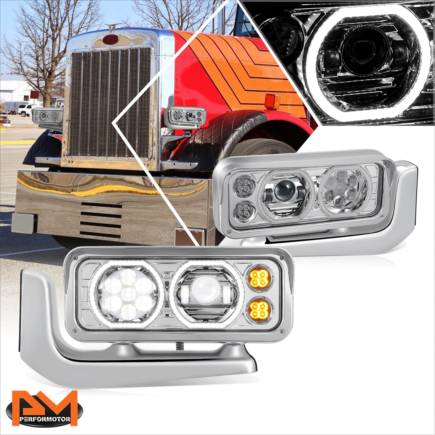 Full LED Halo Ring Projector Headlights for Peterbilt 359 379 389 (1981–2021)