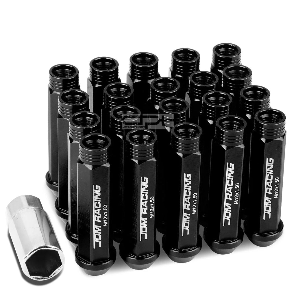 20x Open End M12x1.5 90mm Tall Black Aluminum Lug Nuts + Adapter