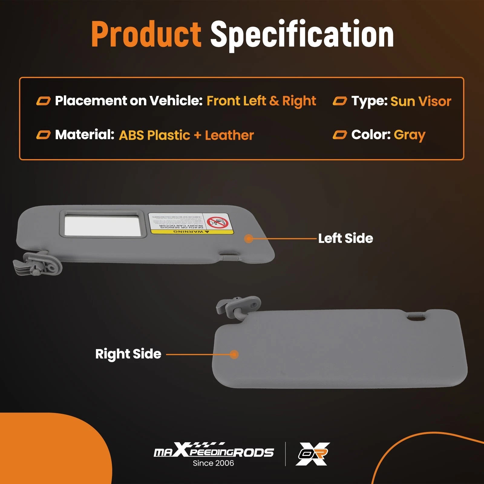 Pair Sun Visors for Hyundai Accent (2011-2015) Gray Left Right
