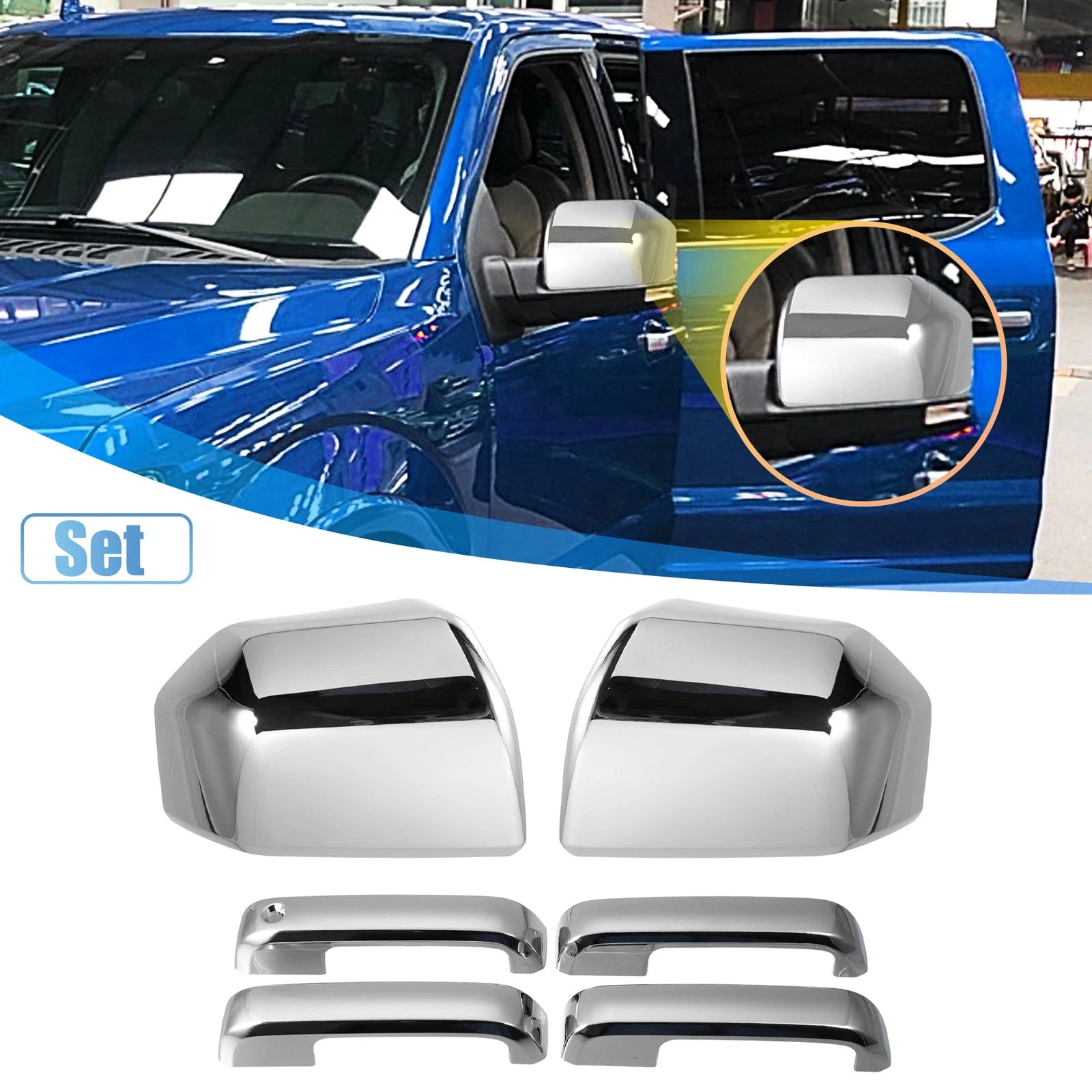 Top Half Mirror Cover Cap + Door Handle Cover for Ford F150 (2015–2023) Chrome