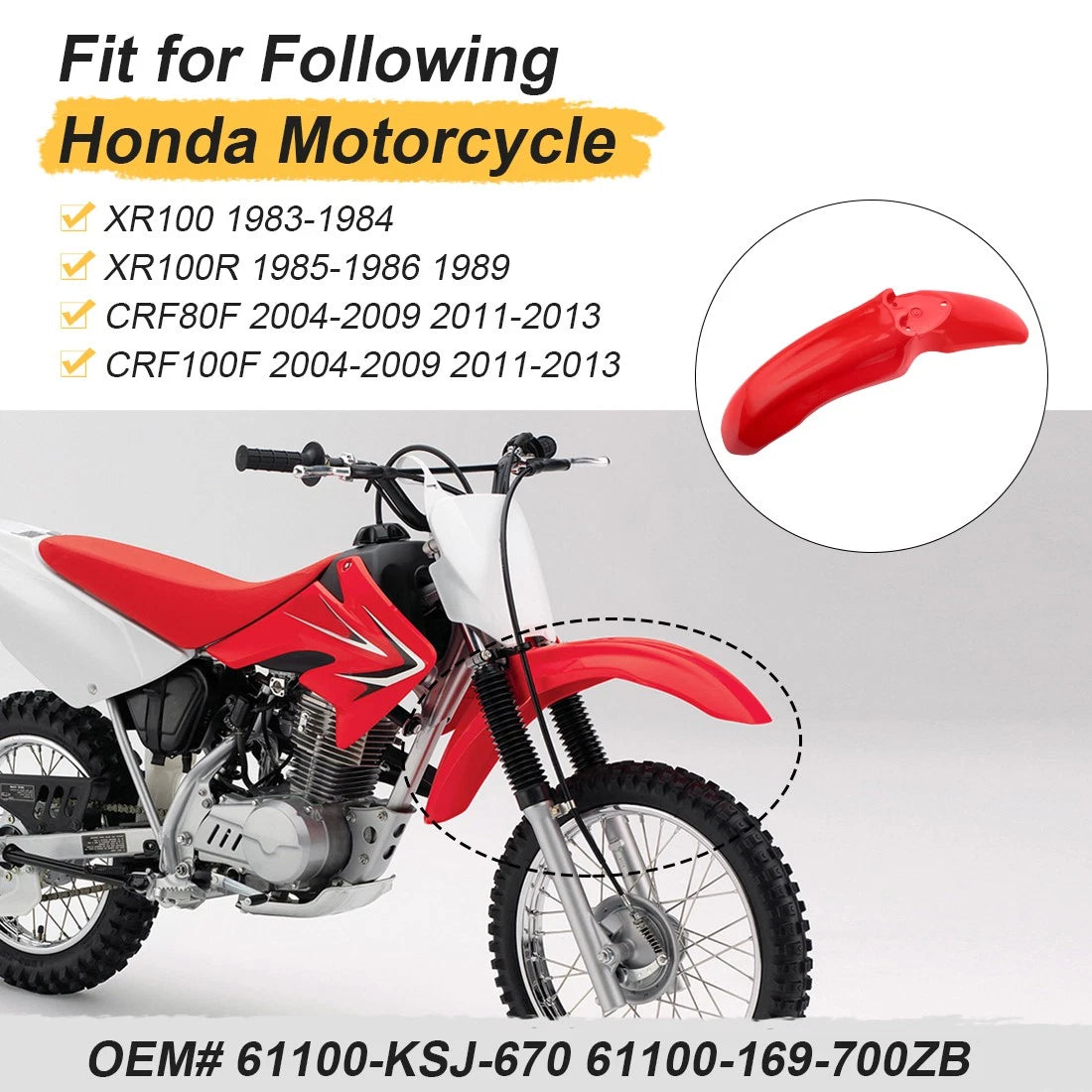 Front Fender Mud Guard for Honda CRF80F CRF100F XR100 XR100R (2004–2023) 61100-KSJ-670
