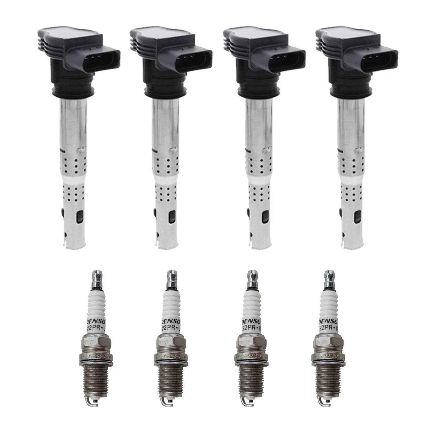 Set of 4 Ignition Coils & Denso U-Groove Spark Plugs for Audi A3 A4 A6 CC GTI Tiguan