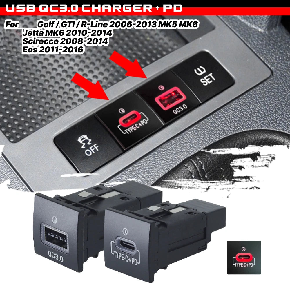 USB QC3.0 Charger + PD for VW Jetta MK6 (2010–2014) Golf GTI R-Line (2006–2013) MK5