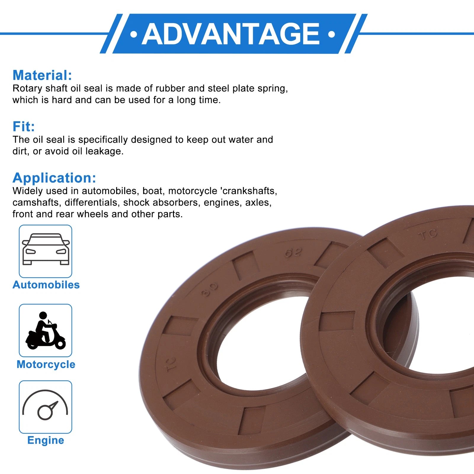 2X Oil Seal Ring for Rotary Shaft 30x62x7mm FKM Rubber