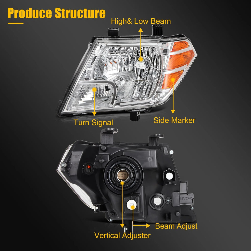 2X Headlight Assembly for Nissan Frontier (2009–2019) Chrome Amber