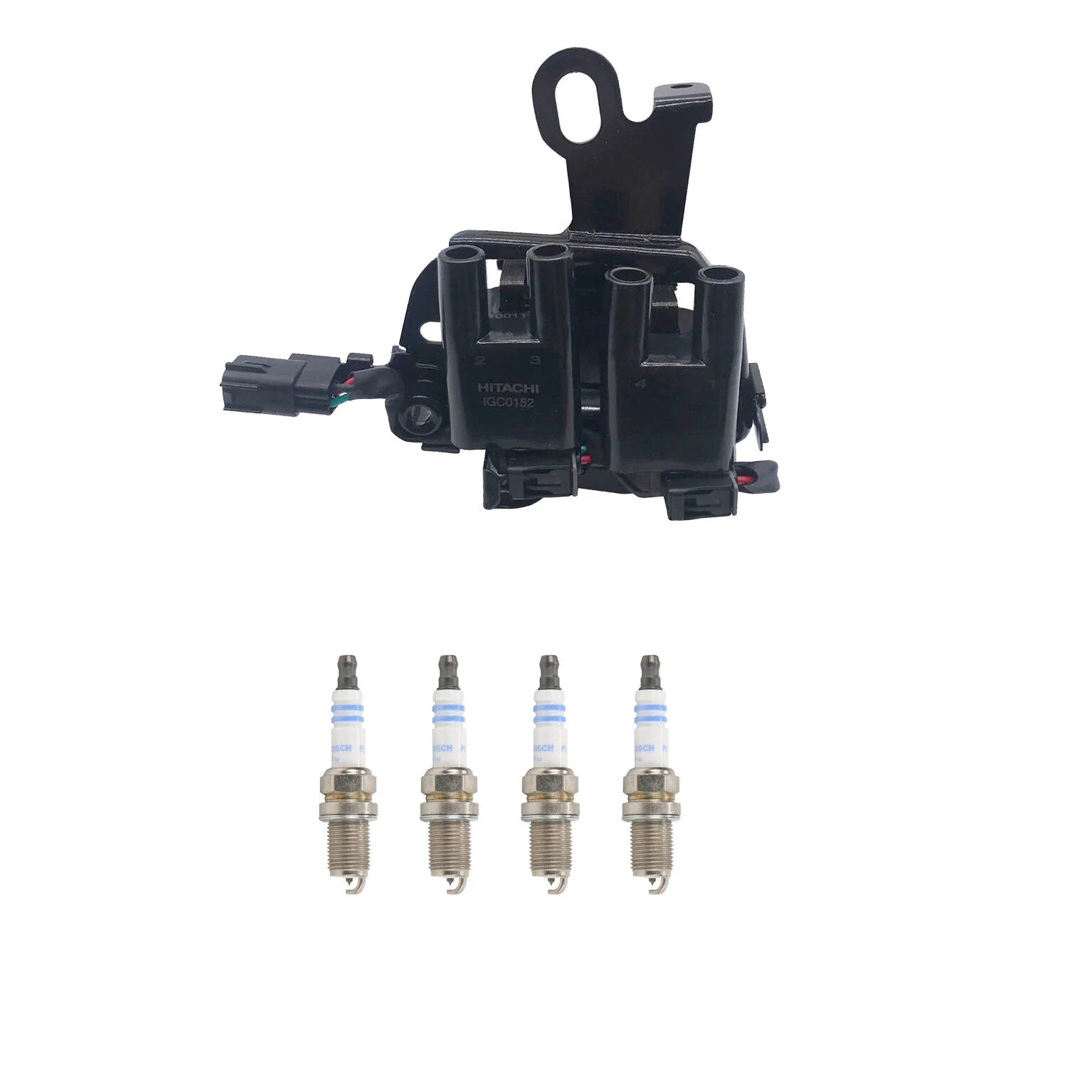 Set of 4 Hitachi Ignition Coils & Bosch Platinum Spark Plugs for Spectra Tucson (2004–2010)