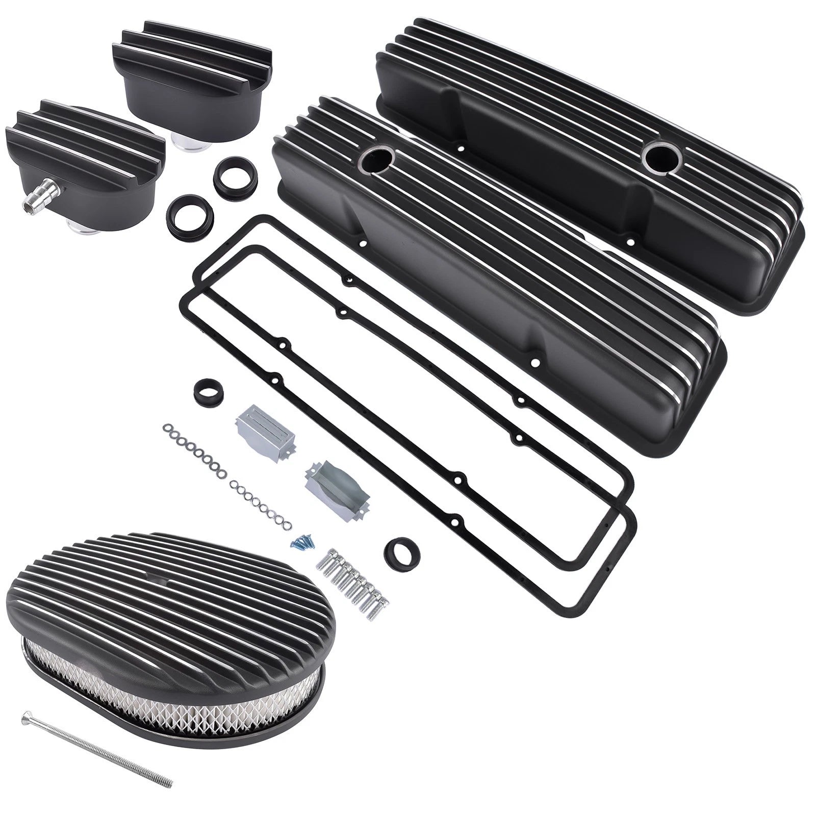 Finned Tall Valve Covers & Oval Air Cleaner Kit for Chevy SBC