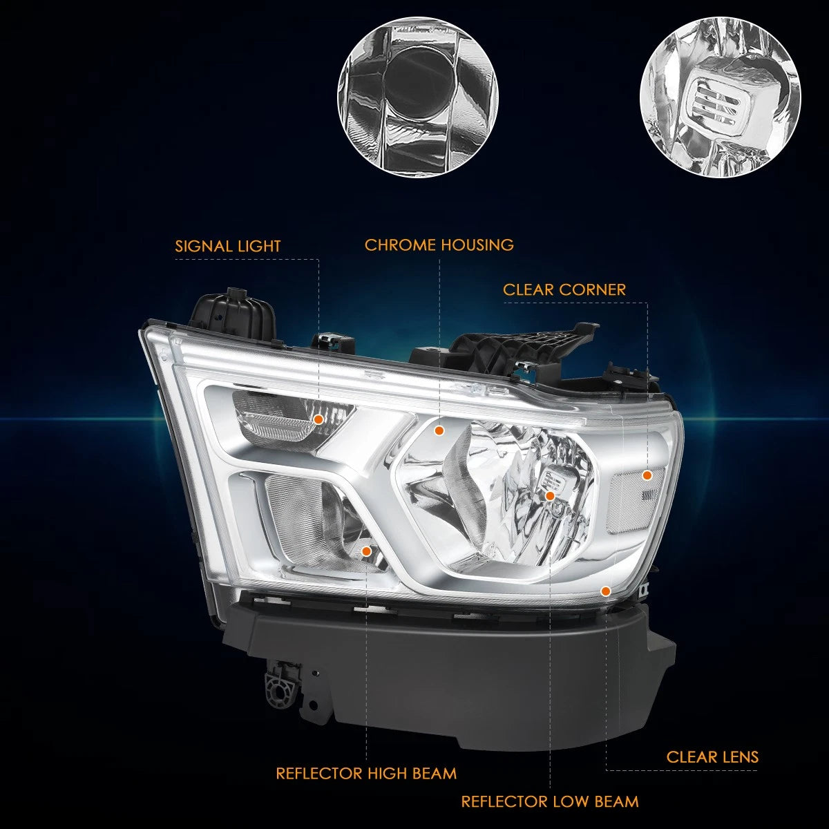 Headlight Assembly for Ram 1500 (2019–2024) Chrome Housing Clear Corner