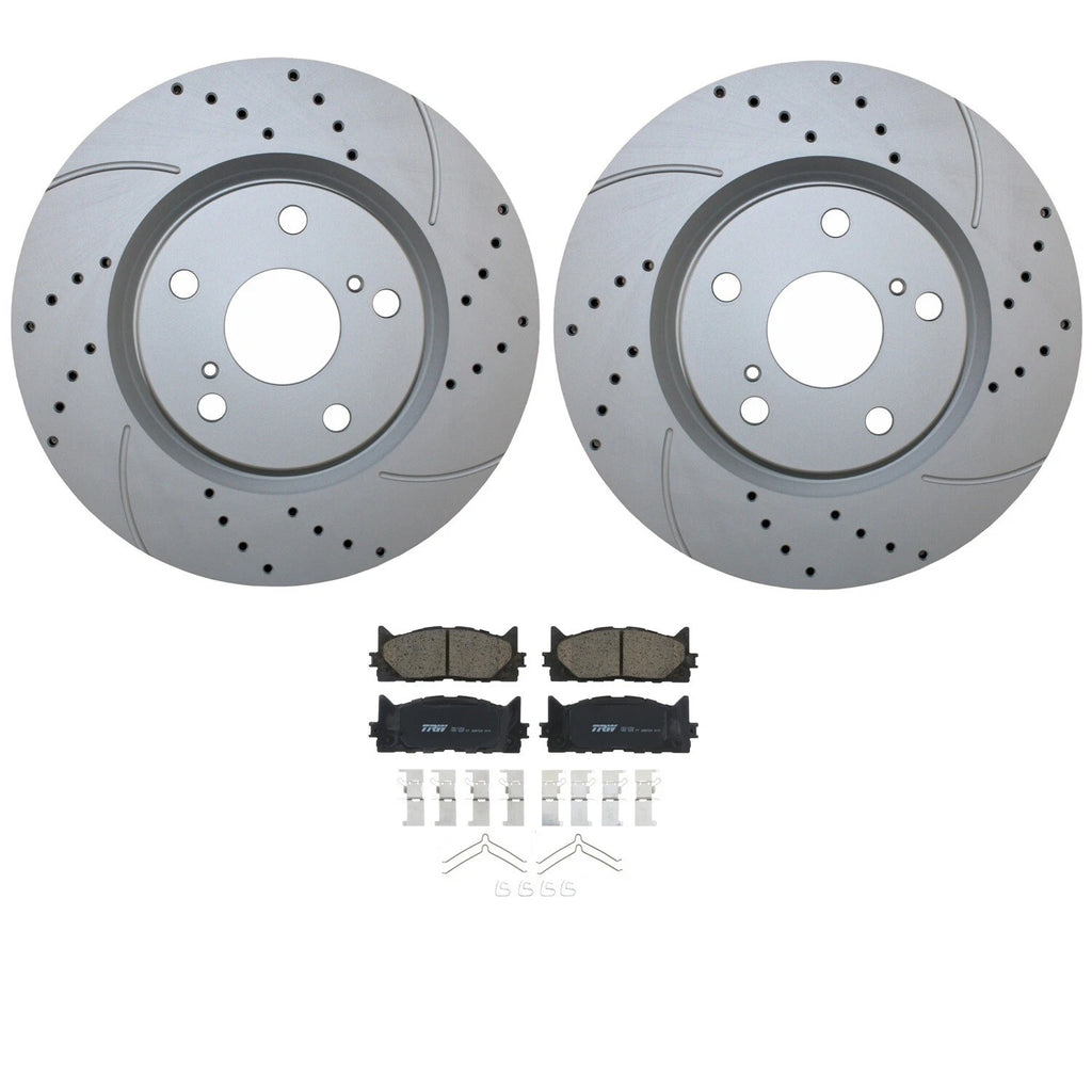 Front Brake Kit with 296mm Drilled Rotors & TRW Pro Ceramic Pads for ES350, Avalon, Camry (2007–2019)