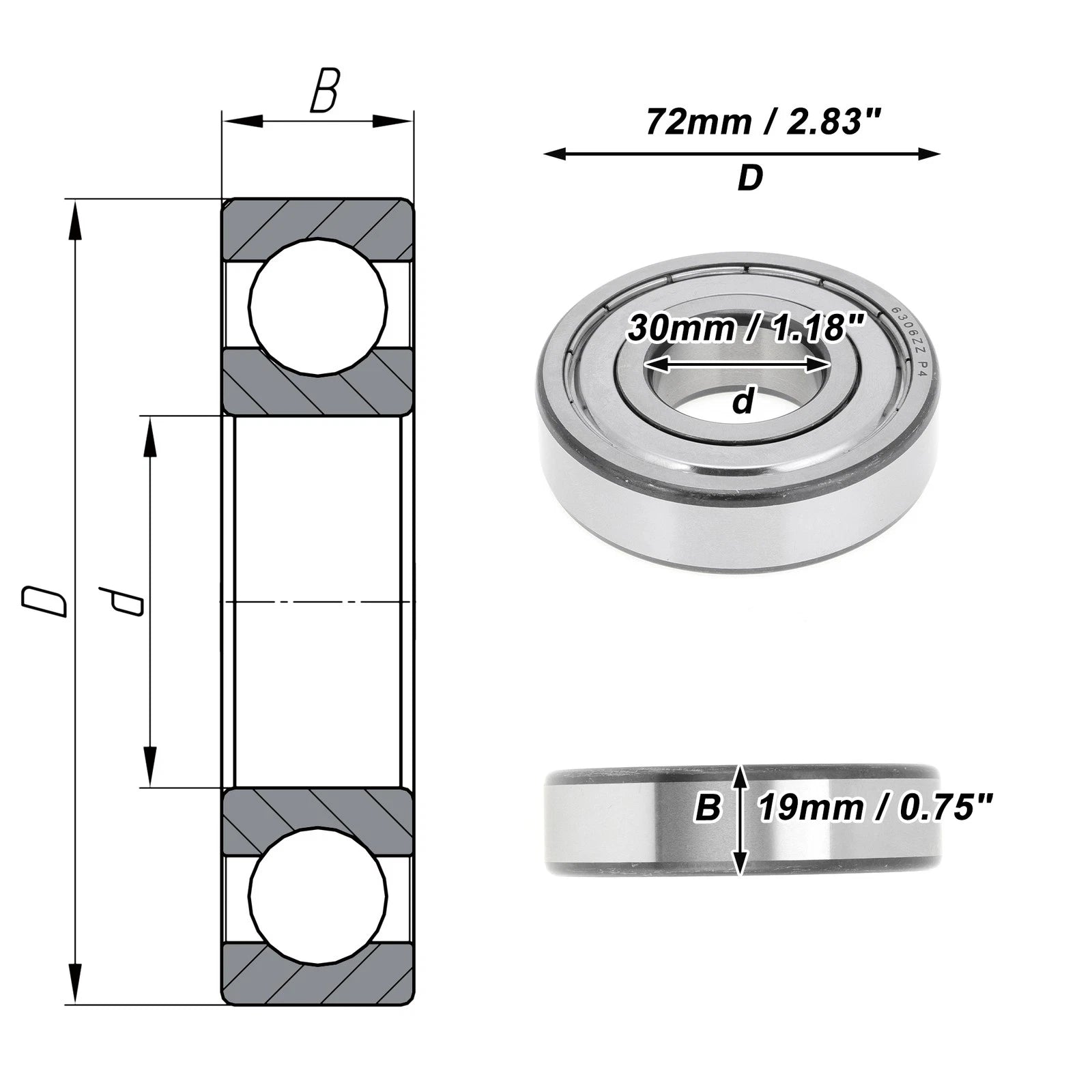 6306ZZ Deep Groove Ball Bearing P4 for Scooter Skateboard Wheel (30x72x19mm)