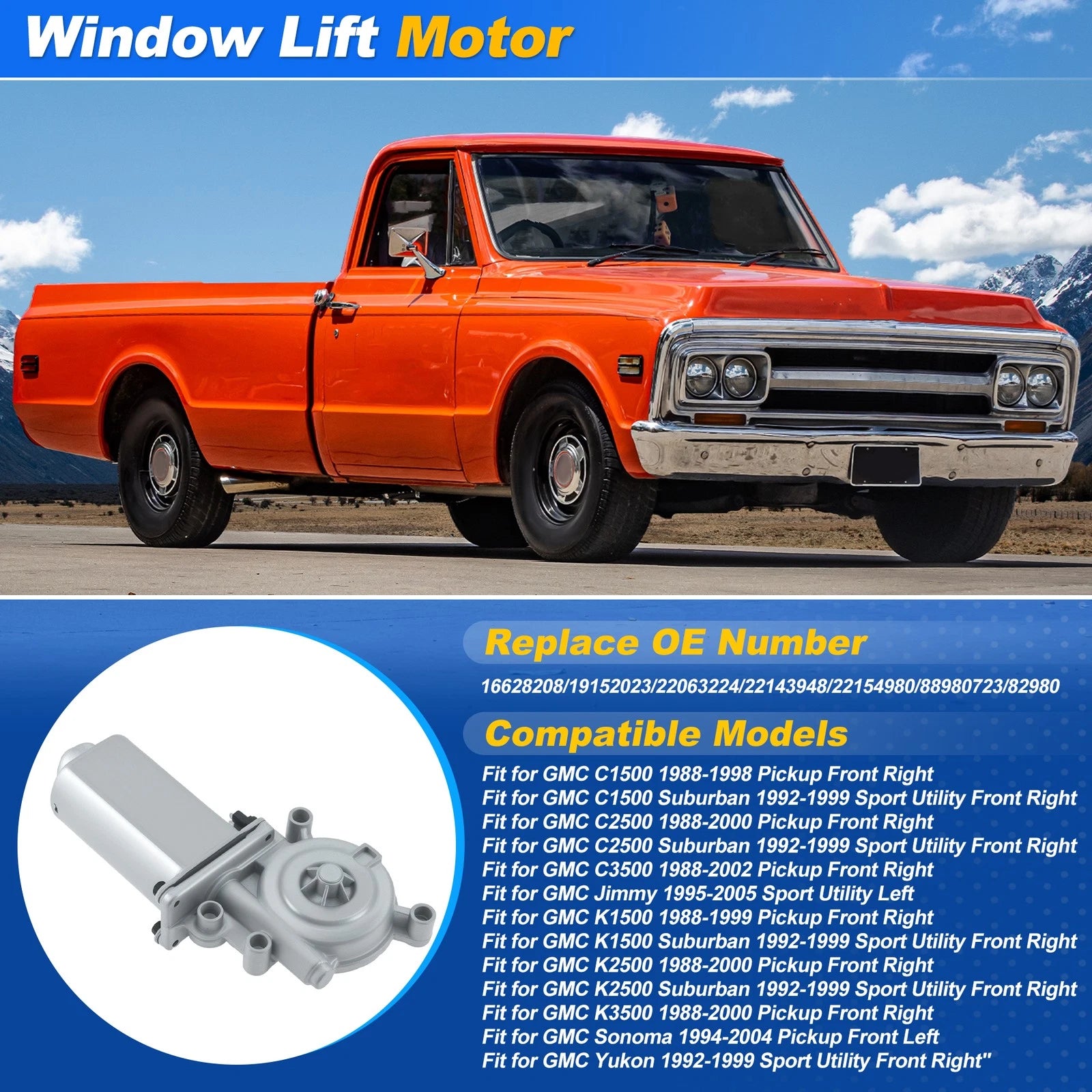 Power Window Lift Motor 16628208 for Chevrolet GMC C1500 C2500 K1500 K2500 (1990–1999)