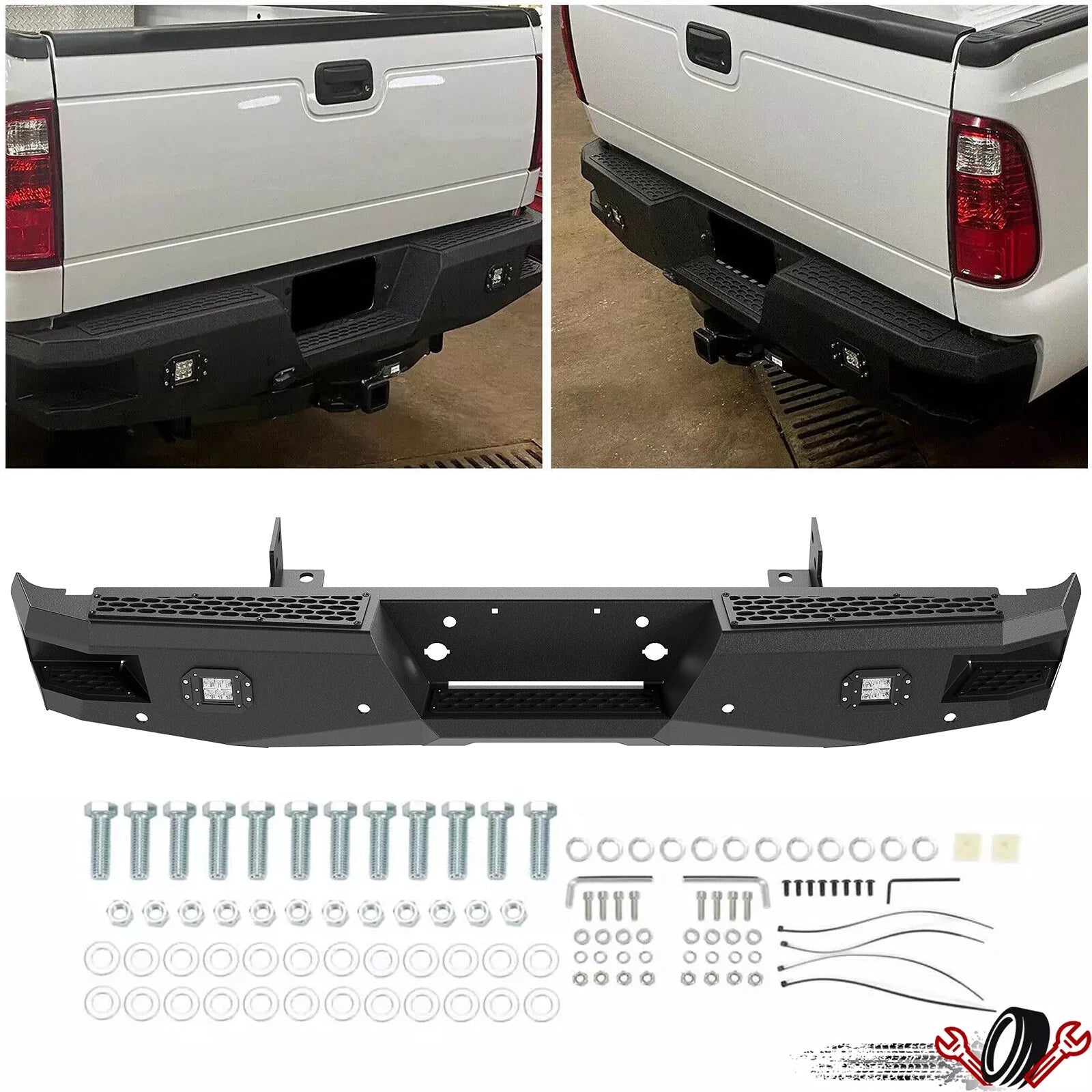 Rear Bumper for Ford Super Duty F250 F350 (1999–2016) Black with Sensor Holes