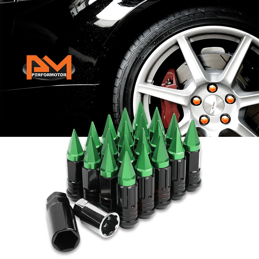 20Pc M12X1.5 Green JDM Cone Wheel Lug Nuts with Spline Lock & Spiked Cap