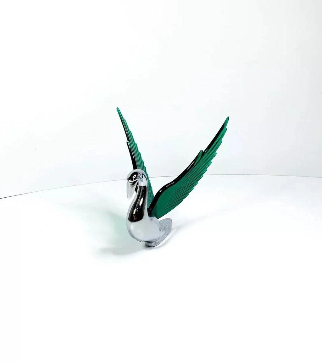 Hood Ornament Chrome Swan Bugler Green Wings for Universal Car (Any Year)