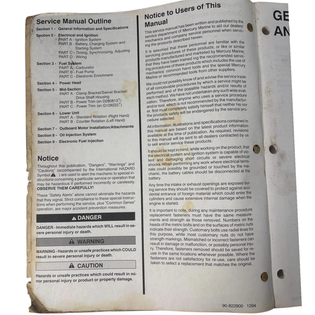 Service Manual for Mercury/Mariner 225 Carburetor 90-822900 (3L Seapro)