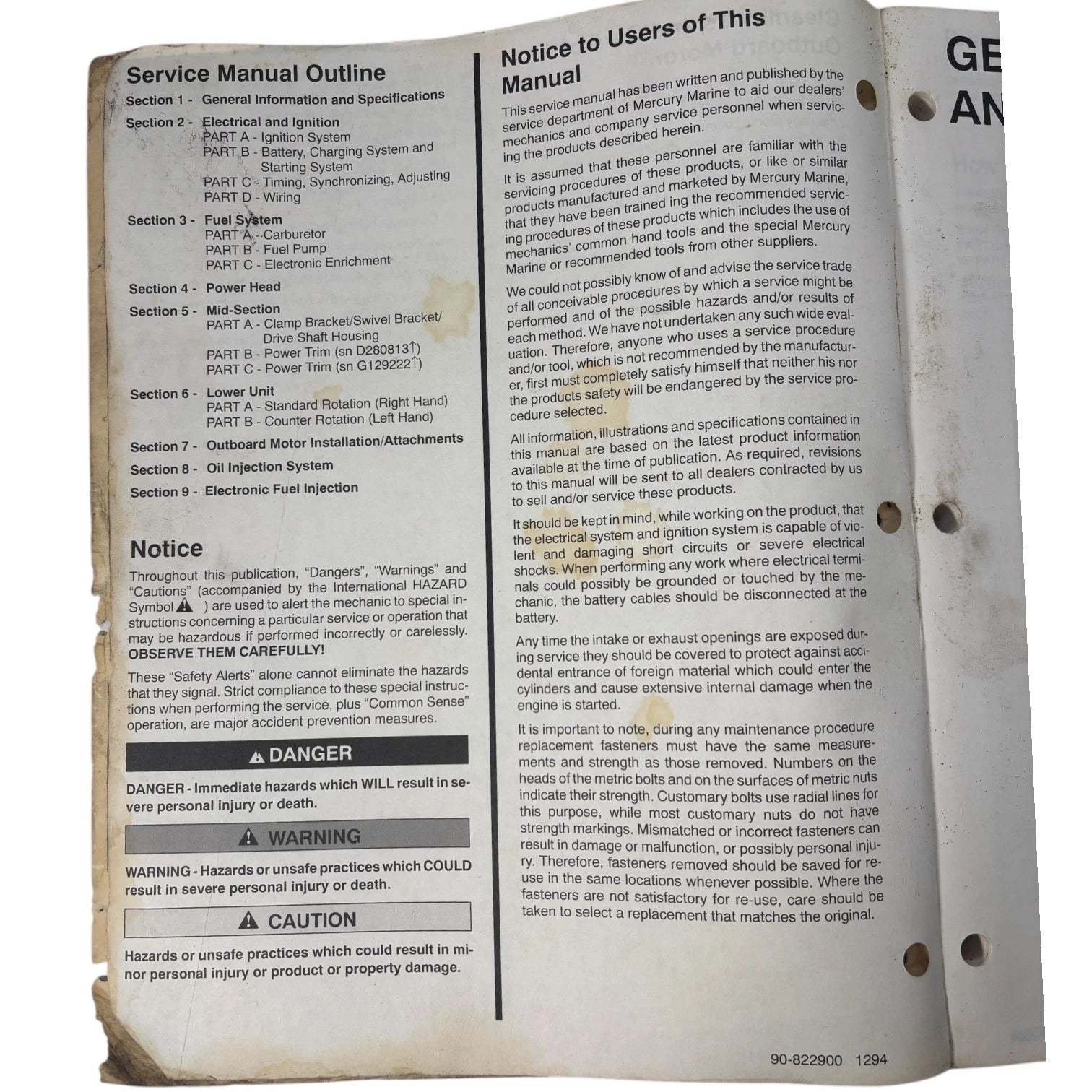 Service Manual for Mercury/Mariner 225 Carburetor 90-822900 (3L Seapro)