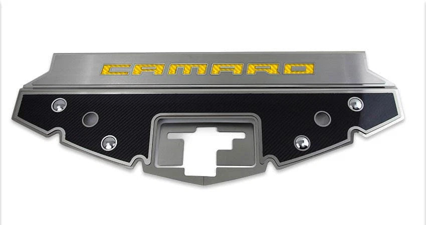 Carbon Fiber Front Header Plate w/Yellow CF Vinyl CAMARO Inlay for 16-20 Camaro