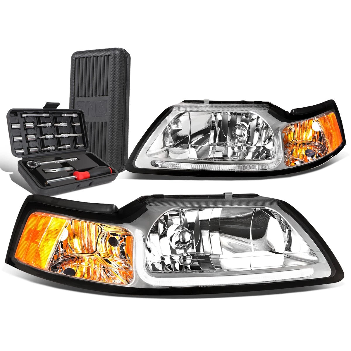 LED DRL Tube Chrome/Amber Side Headlights for Ford Mustang (1999–2004)