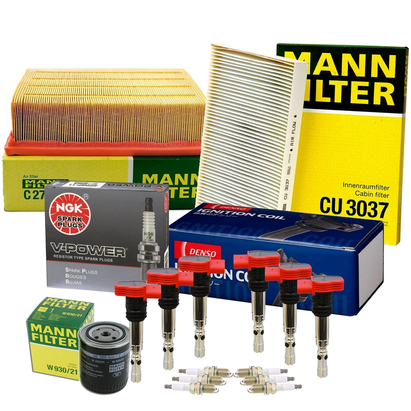 Set of 6 Mann Filters Denso Coils NGK VPower Spark Plugs for Audi AVK BGN