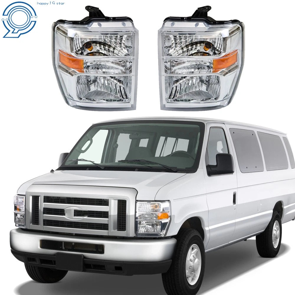 Set of 2 Halogen Headlights Assembly for Ford E150-E650 (2008–2014) Chrome