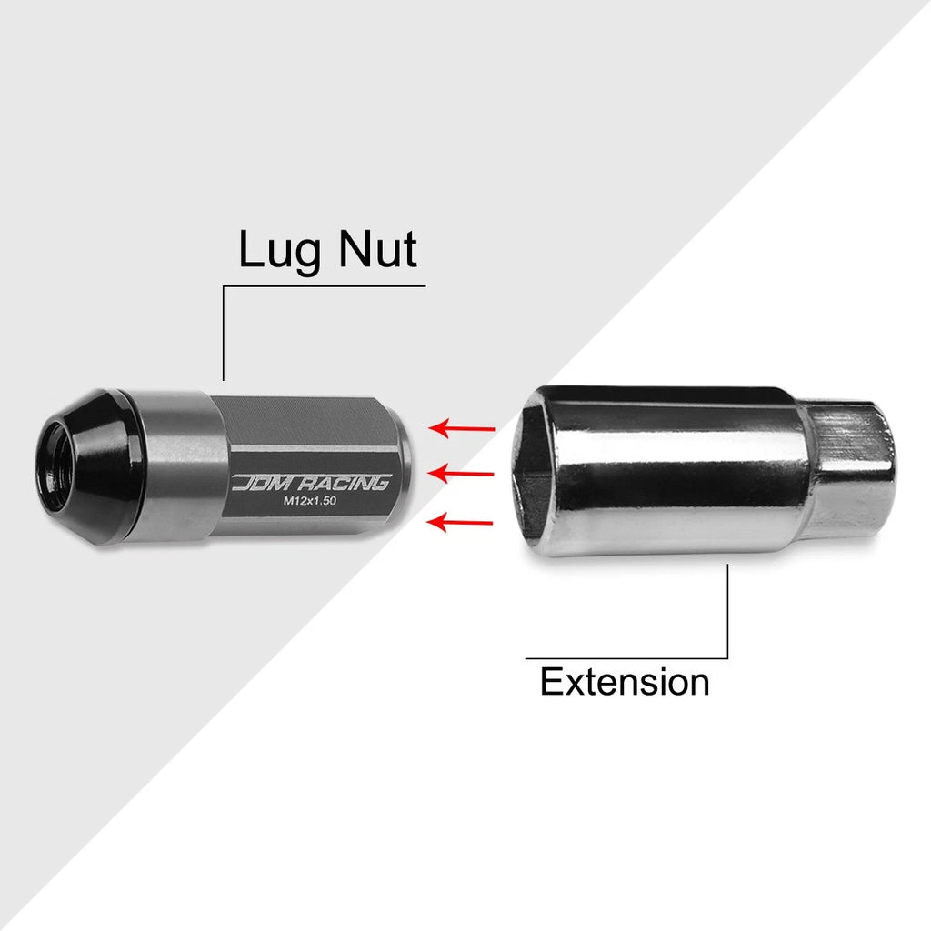Set of 20 JDM M12X1.5 Gun Metal Aluminum Rim Lug Nuts with Cap & Adapter