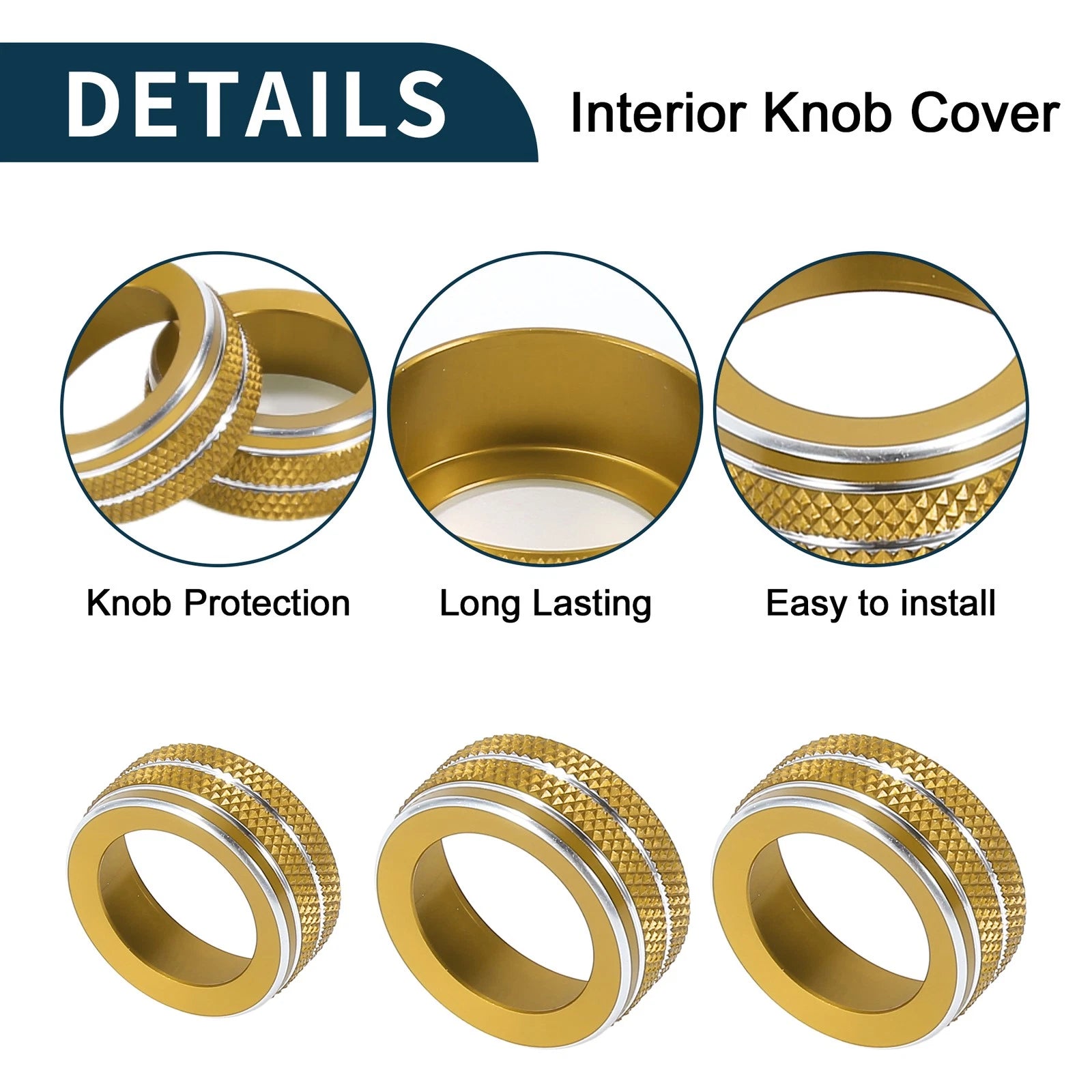 Set of 3 AC Climate Heater Switch Knob Cover Rings for Audi A3 8V (2014–2020) Gold Tone
