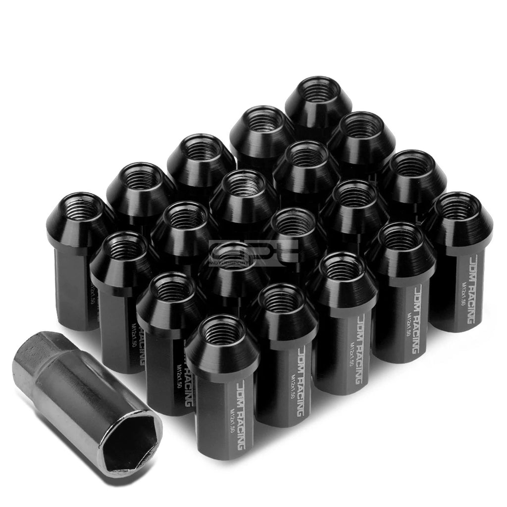 20 PCS Closed End M12x1.5 50mm Tall Black Aluminum Lug Nuts + Adapter