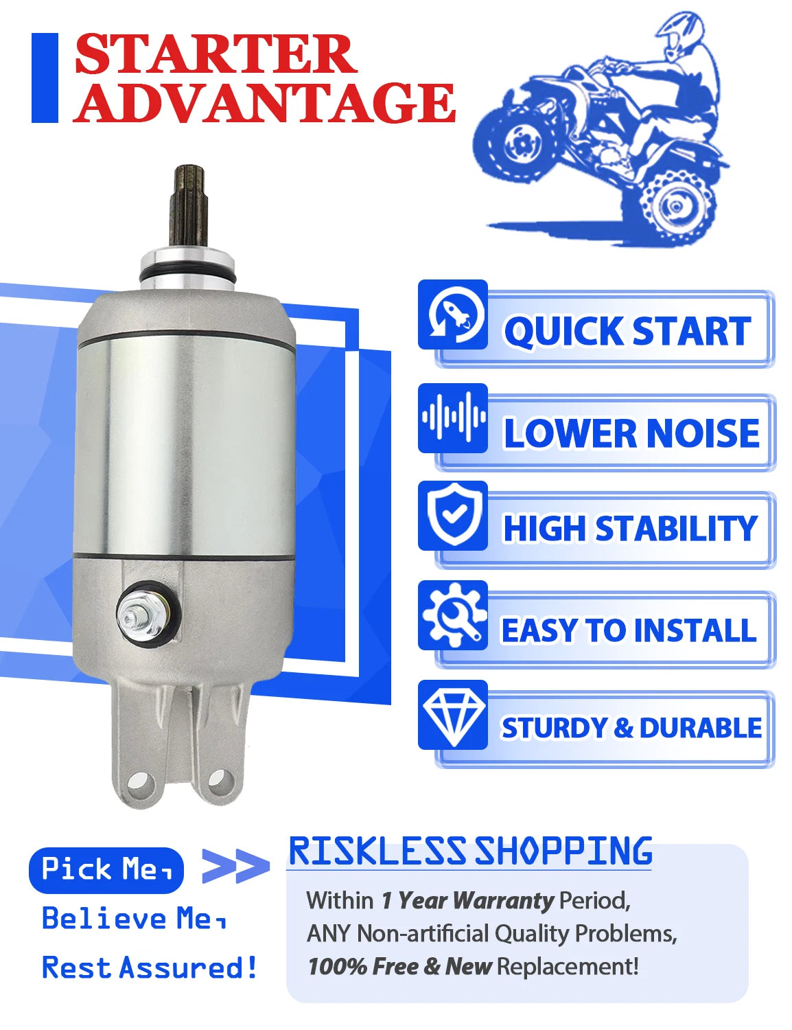 Starter for Honda TRX450S FourTrax Foreman S (1998–2001) with Relay & Key Switch