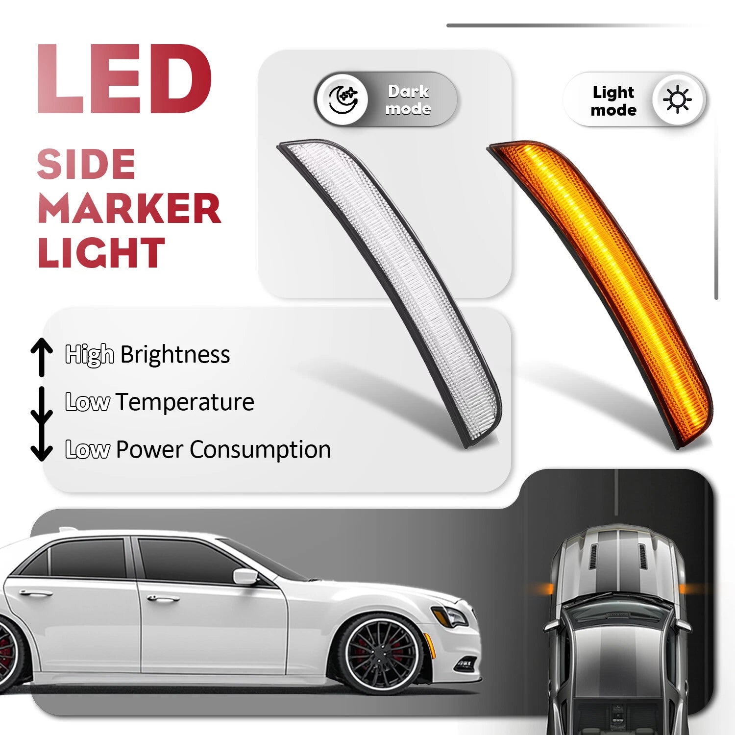 Clear LED Front Bumper Side Marker Lights for Chrysler 300 (2015-2023)