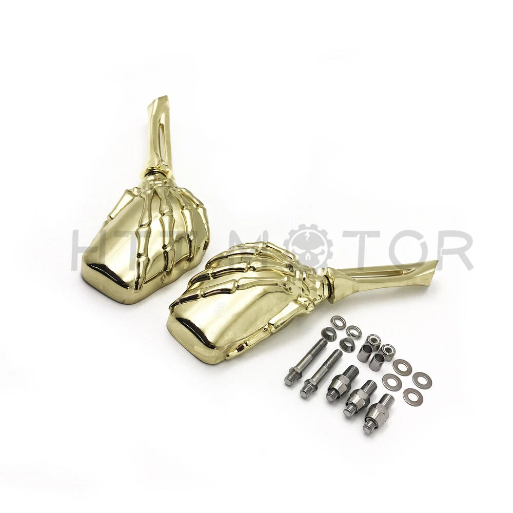 Gold Skull Skeleton Mirrors for Harley Dyna, Softail, Sportster, Touring (8mm, 10mm)
