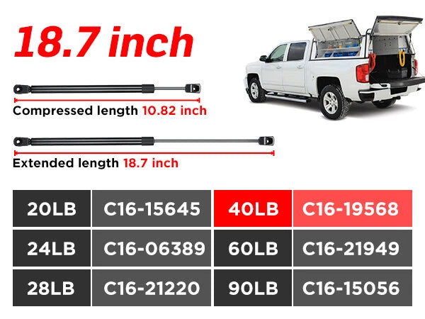 2X Gas Struts for Leer Camper Shell Topper (18.7 Inch, 40lb)