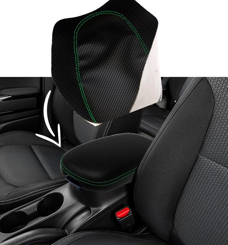 Console Lid Armrest Cover for Kia Soul (2014–2019) Carbon Fiber Green Stitch