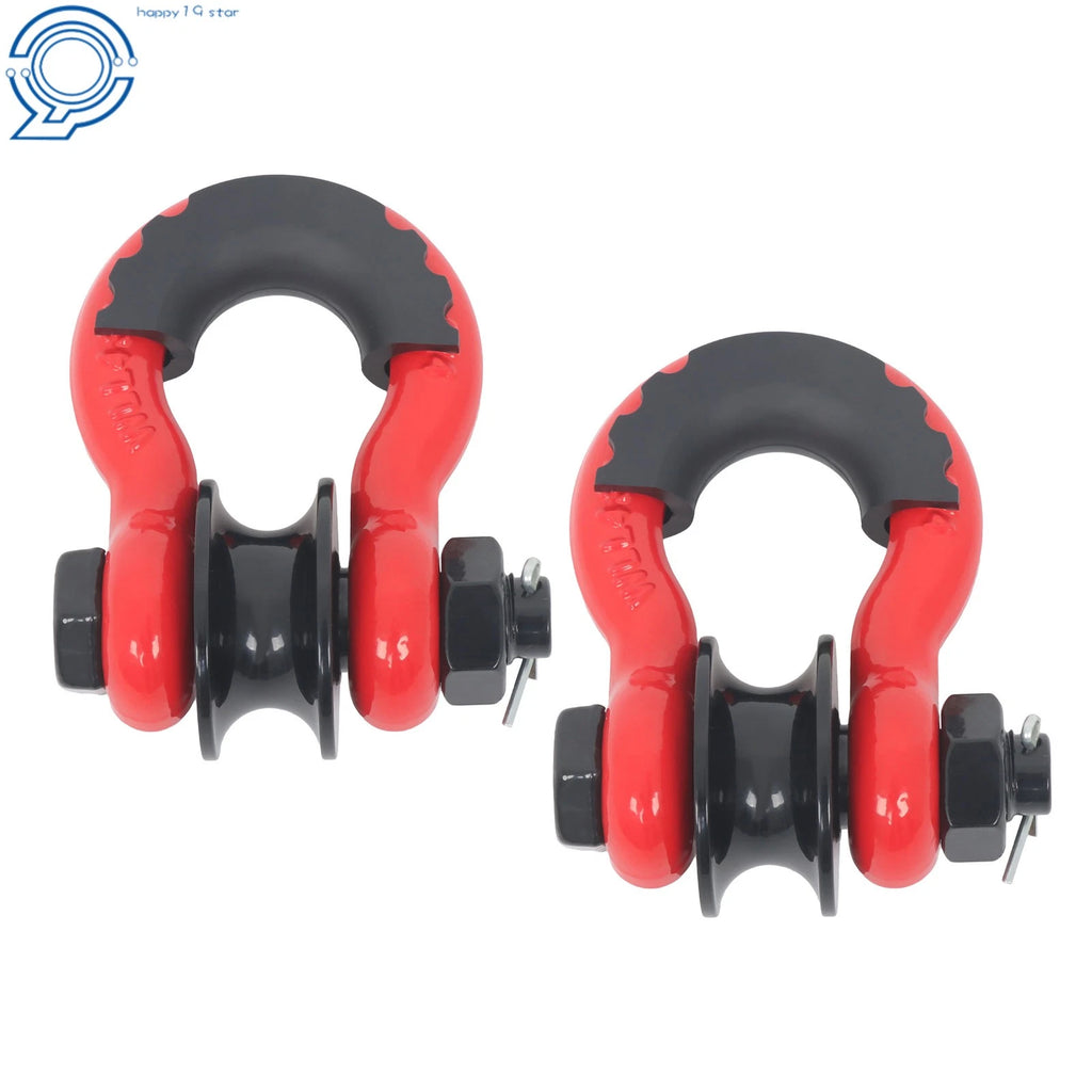 Set of 2 Red 3/4" D Ring Recovery Shackles with Pulley 22000 lb Capacity