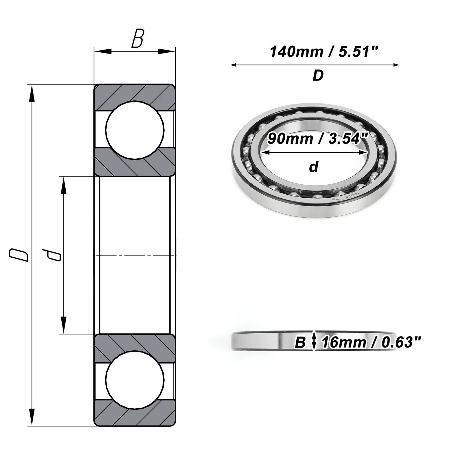 Deep Groove Ball Bearing 90x140x16mm for Scooter Skateboard (1 Pc)